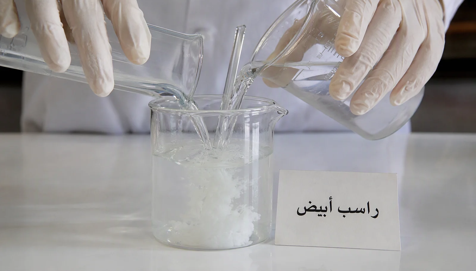 سكب كأسين في كأس ثالث فيتكون راسب أبيض كثيف يستقر في القاع مع قضيب تحريك زجاجي