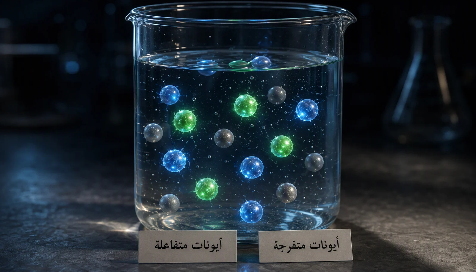 كأس زجاجي مضيء من داخله بكرات أيونات ملونة، وبجانبه بطاقتان: أيونات متفاعلة وأيونات متفرجة