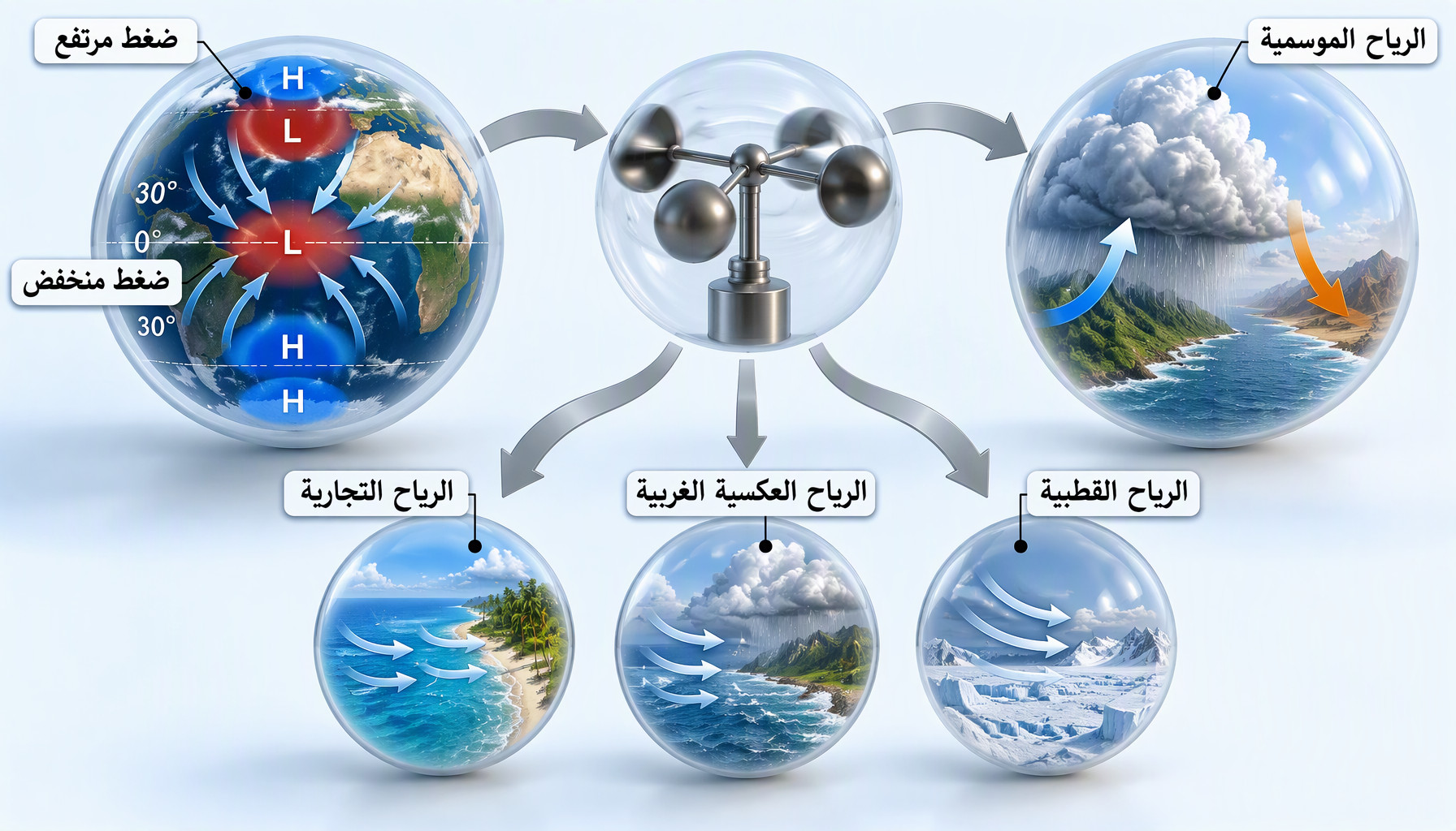 ثانياً: منظومة الضغط الجوي وتصنيف الرياح على سطح الأرض