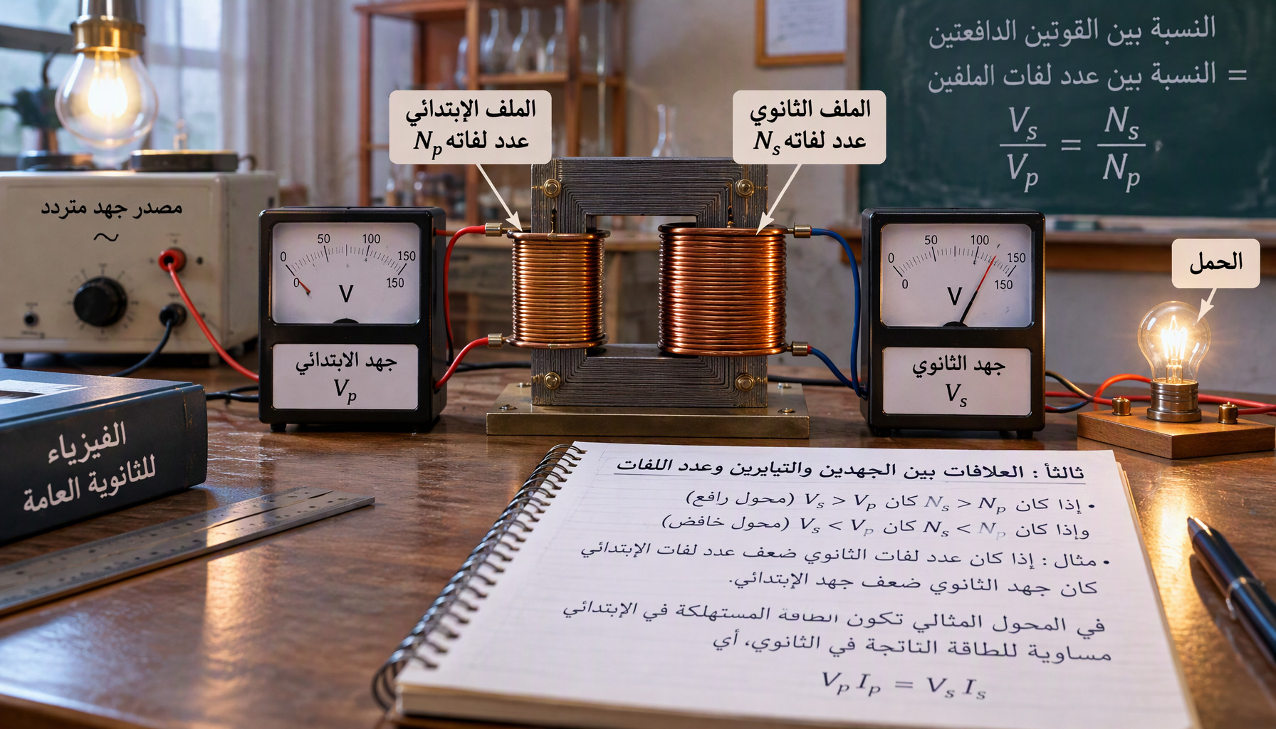 العلاقات بين الجهدين والتيارين وعدد اللفات