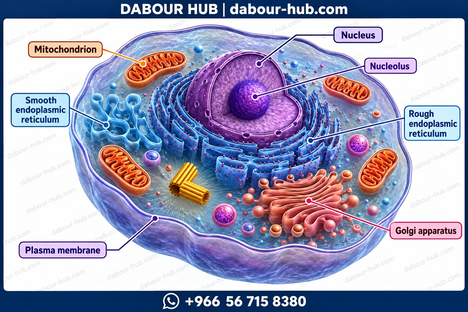 Labelled realistic 3D animal cell model showing nucleus, nucleolus, rough and smooth endoplasmic reticulum, mitochondria, Golgi apparatus and plasma membrane for AP Biology organelle questions." - Dr Khaled Dabour Academy