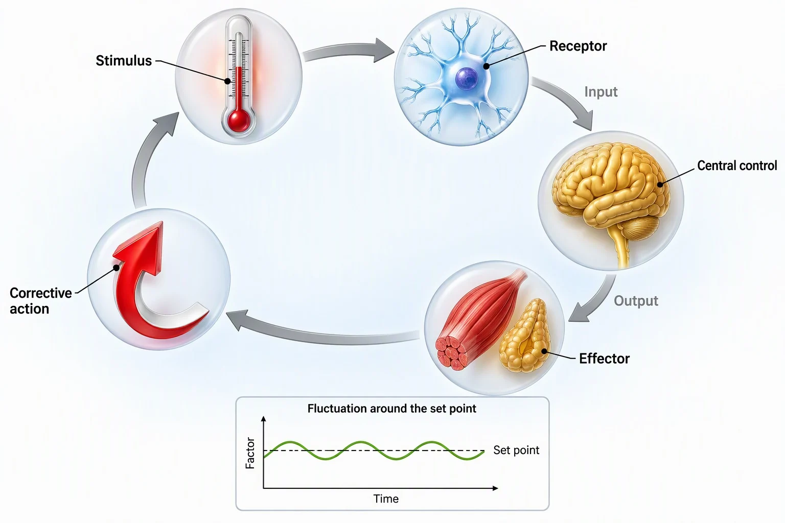Negative feedback loop: stimulus, receptor, input, central control, output, effector and corrective action