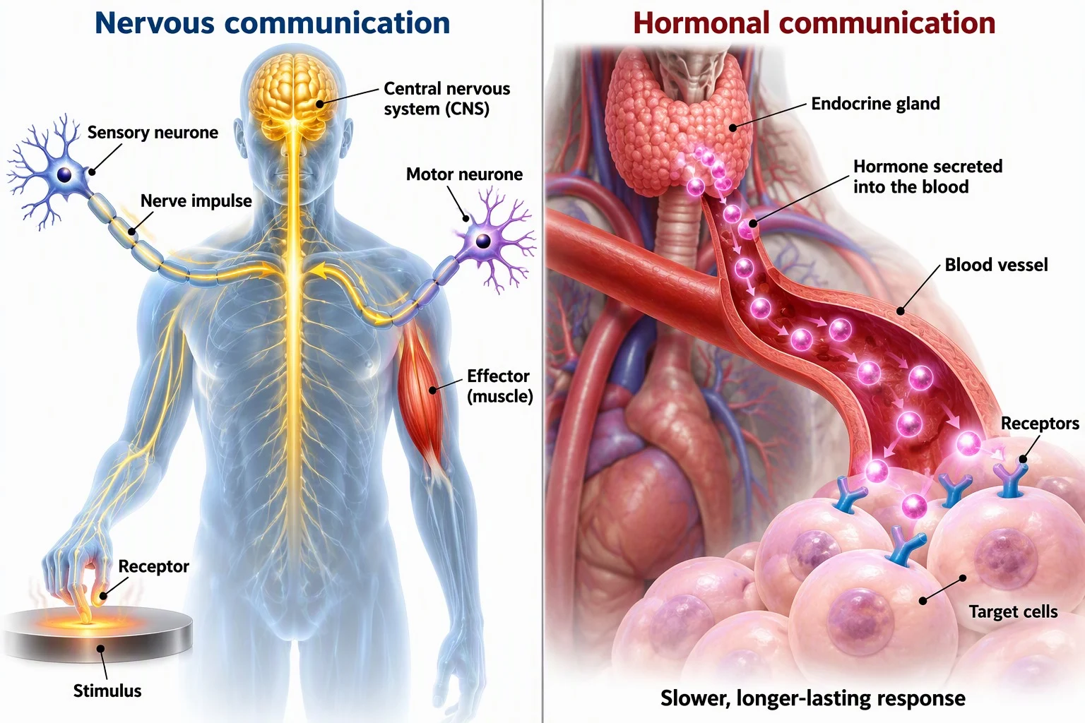 Comparison of nervous communication along neurones with hormonal communication through the blood