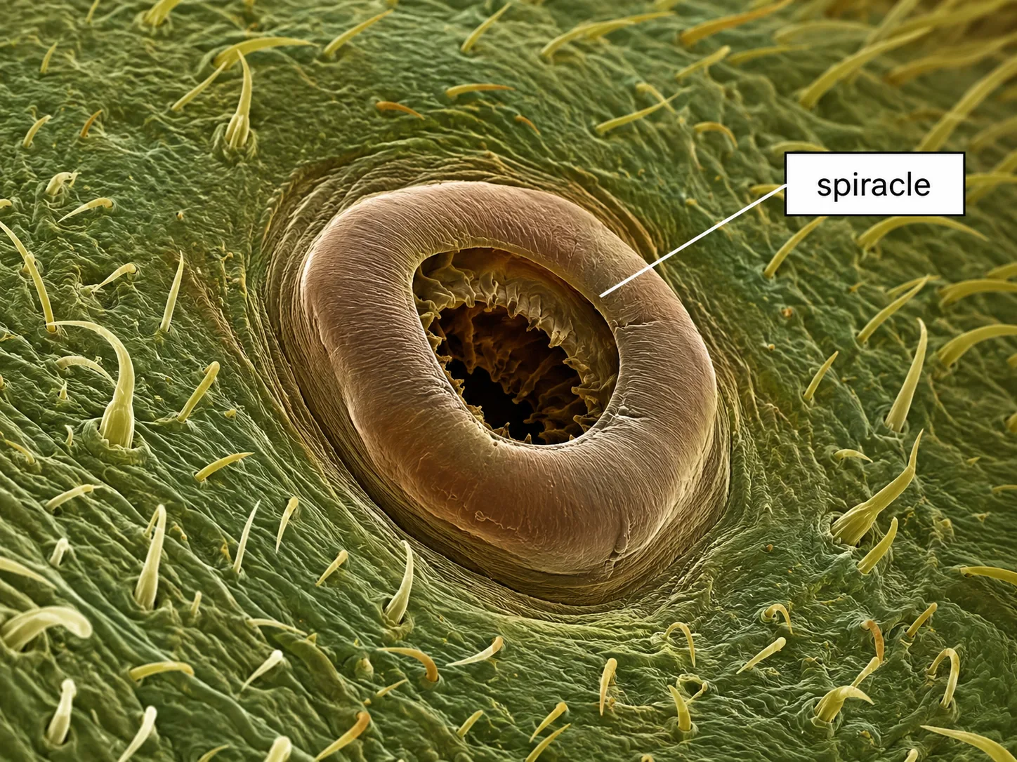 Scanning electron micrograph of a spiracle surrounded by hairs