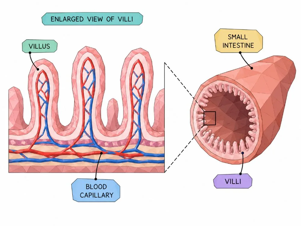 Enlarged view of villi in the small intestine