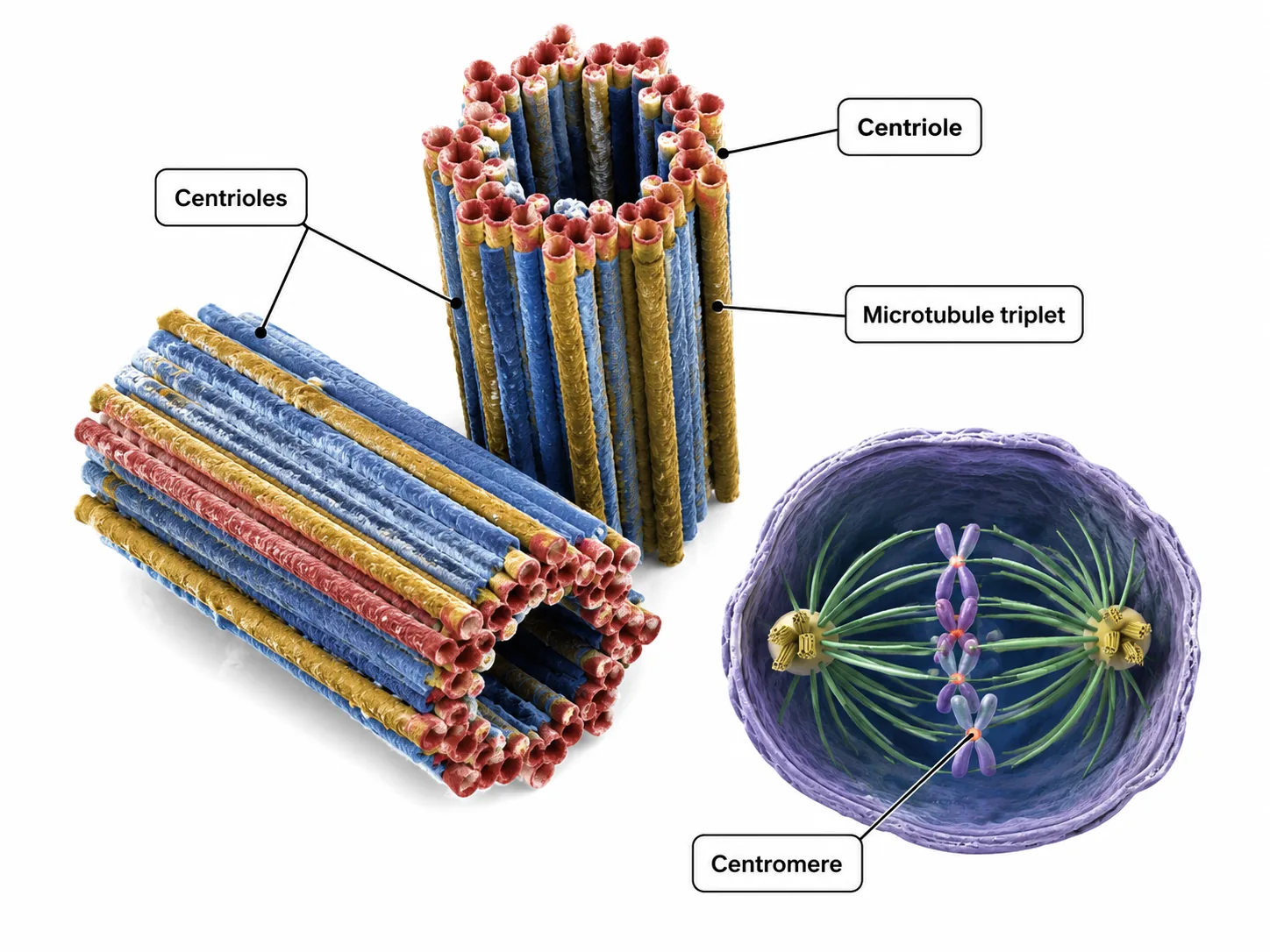 Centrioles as microtubule triplet cylinders beside a spindle cell