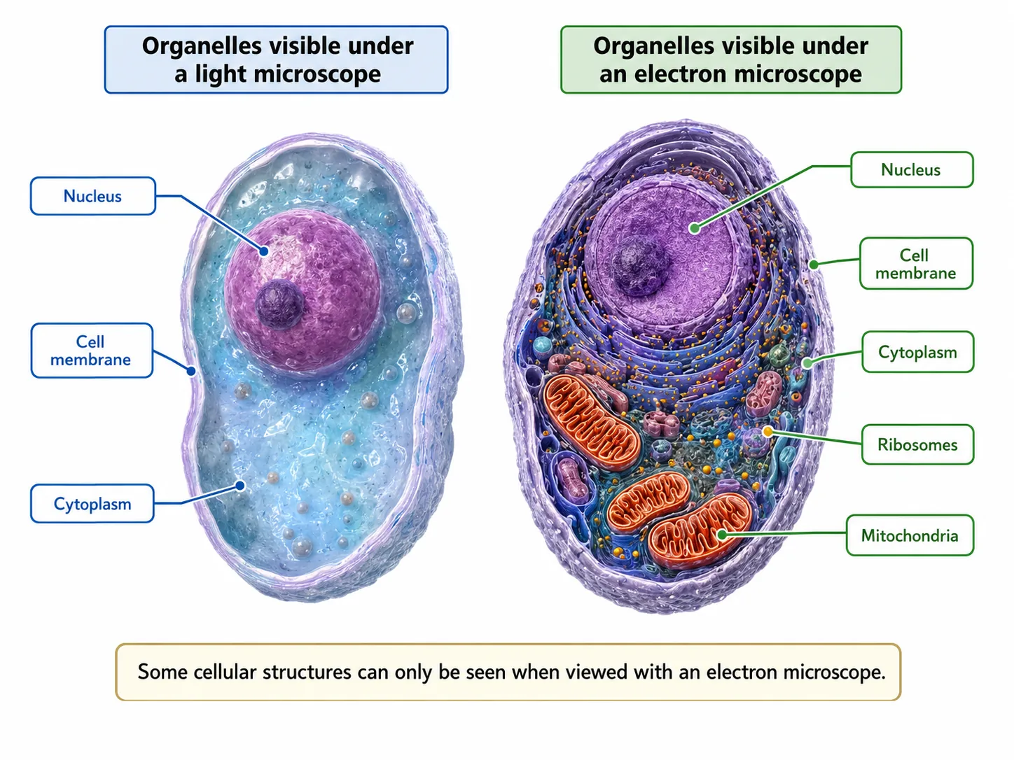 Organelles visible under light vs electron microscope