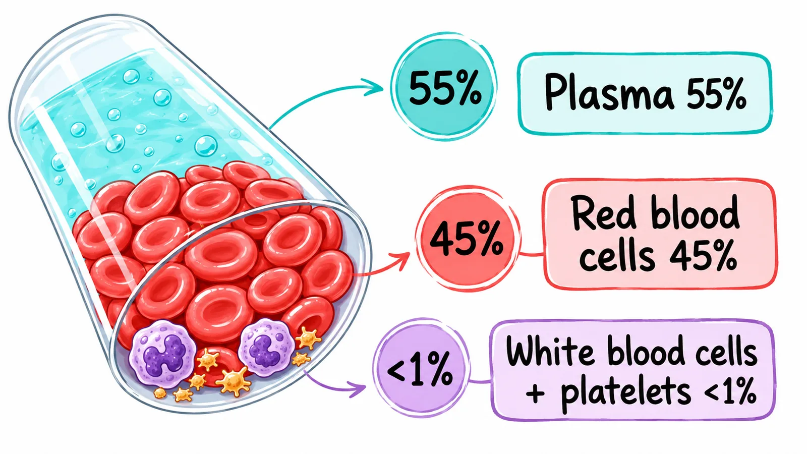 Blood composition: plasma, red cells, white cells and platelets