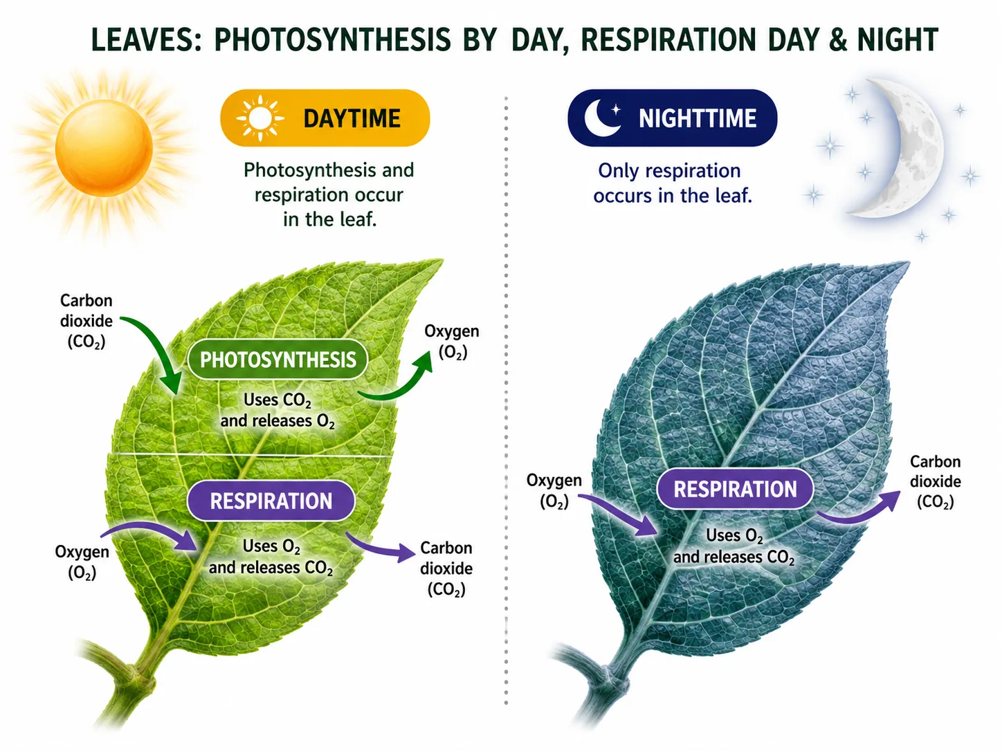 Day and night: photosynthesis and respiration in leaves