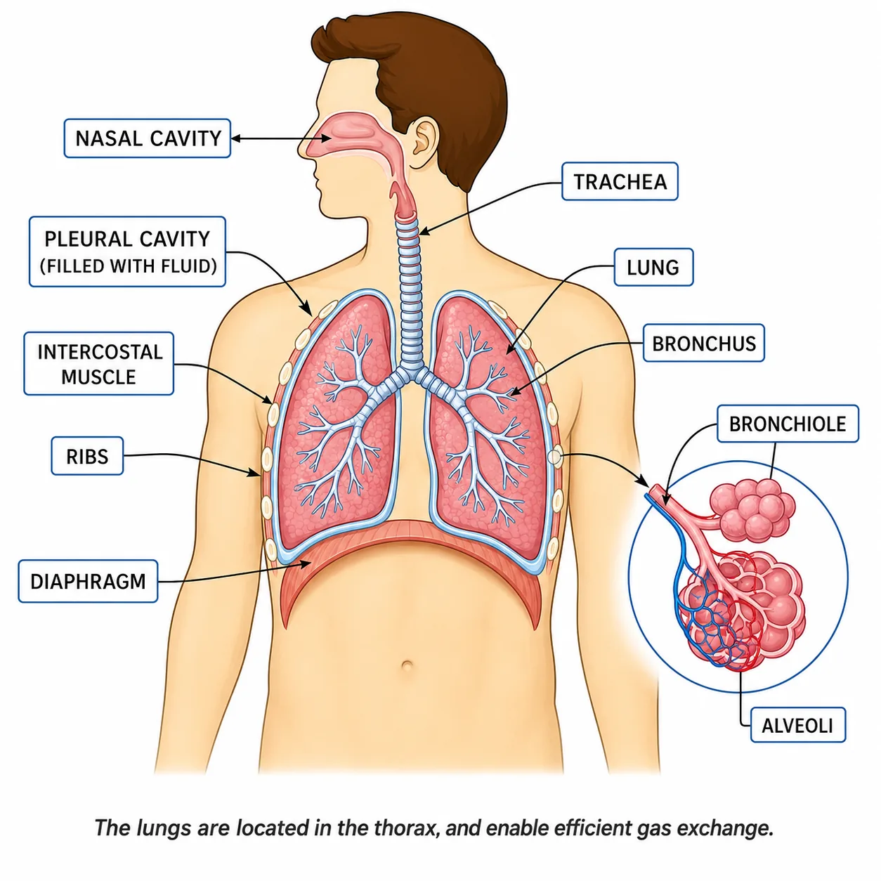 Respiratory system in the thorax (lungs, trachea, alveoli)
