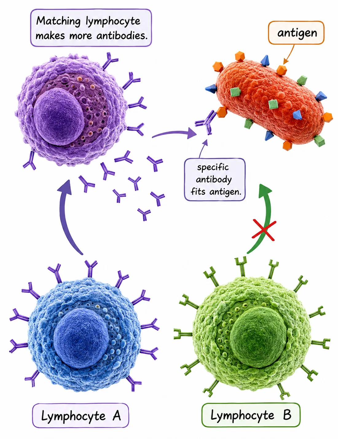 Lymphocyte makes antibodies specific to antigen