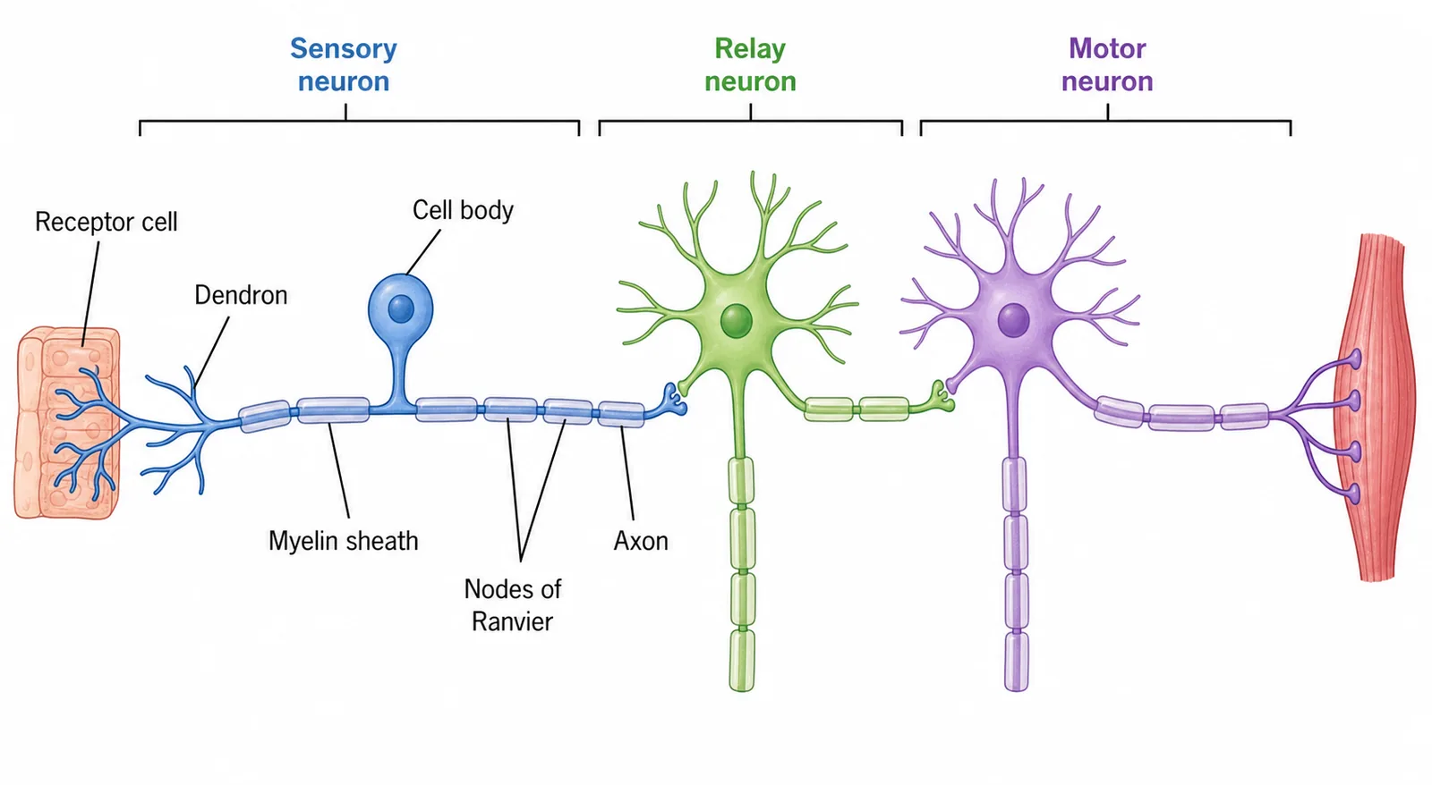 Sensory, relay and motor neurones with receptor cell and muscle