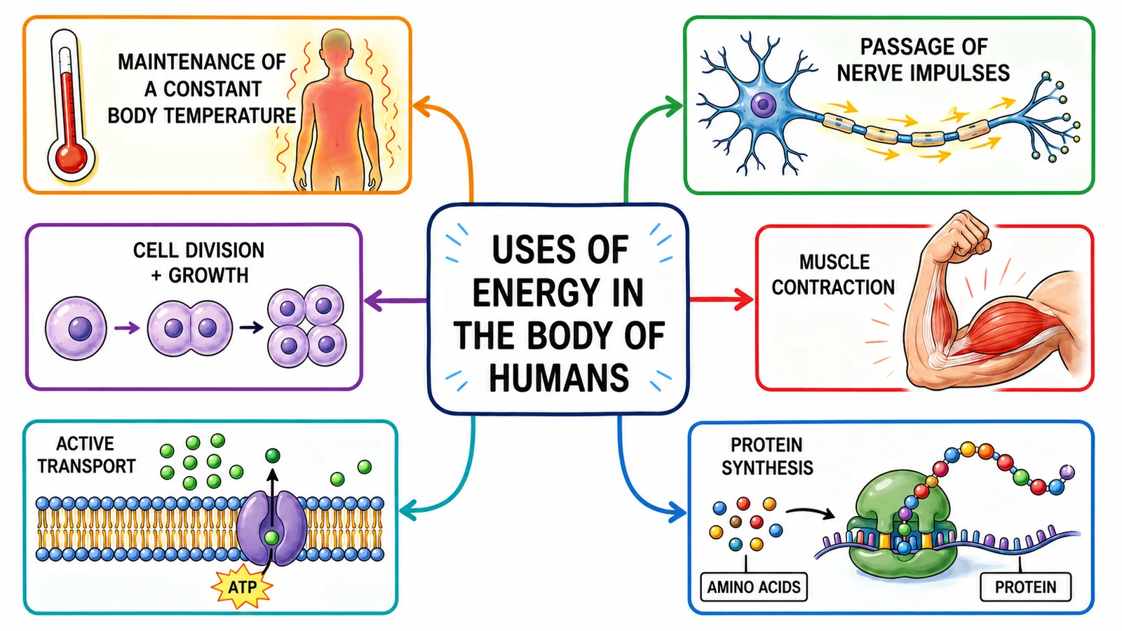 Six uses of energy in the human body