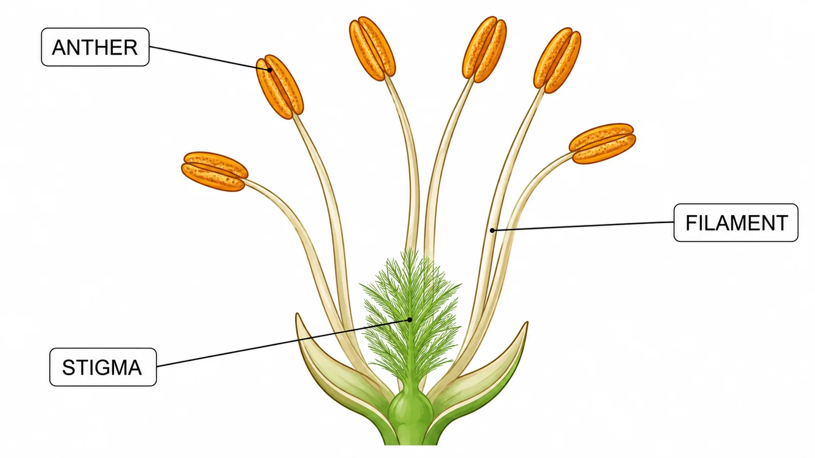 Flower with long-stalked anthers and feathery stigma