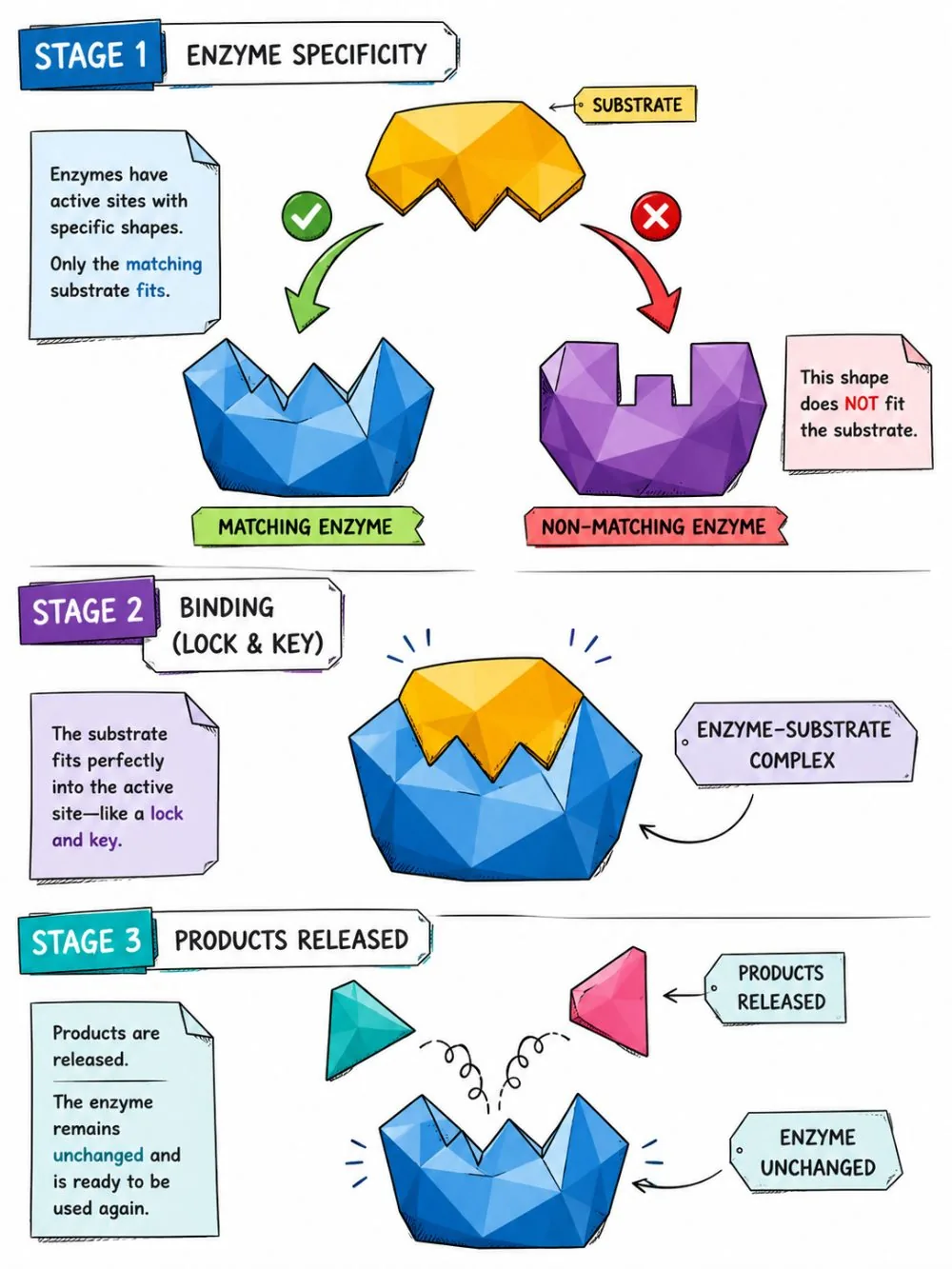 Enzyme specificity: lock and key stages