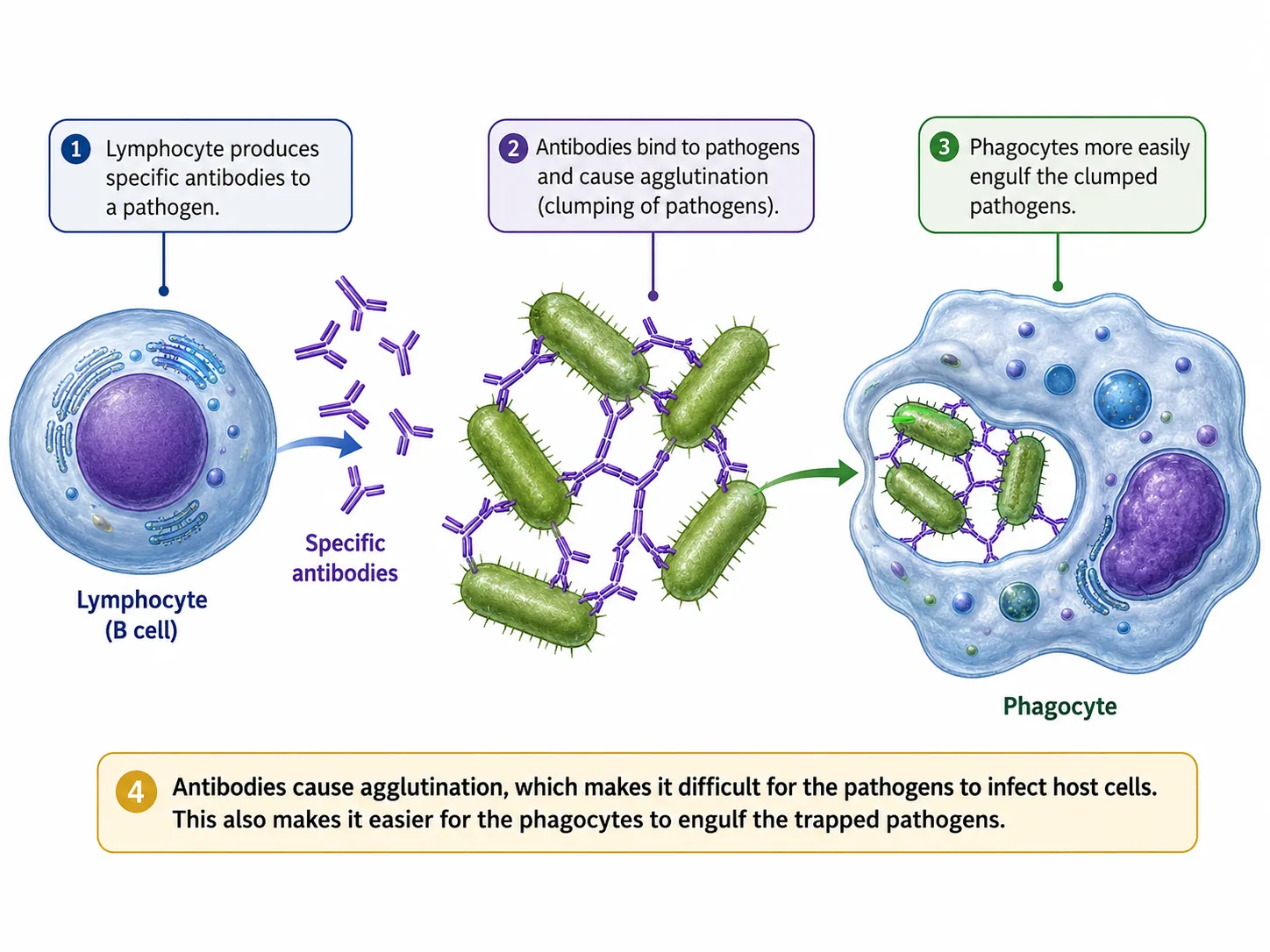 Antibodies cause agglutination so phagocytes engulf clumped pathogens