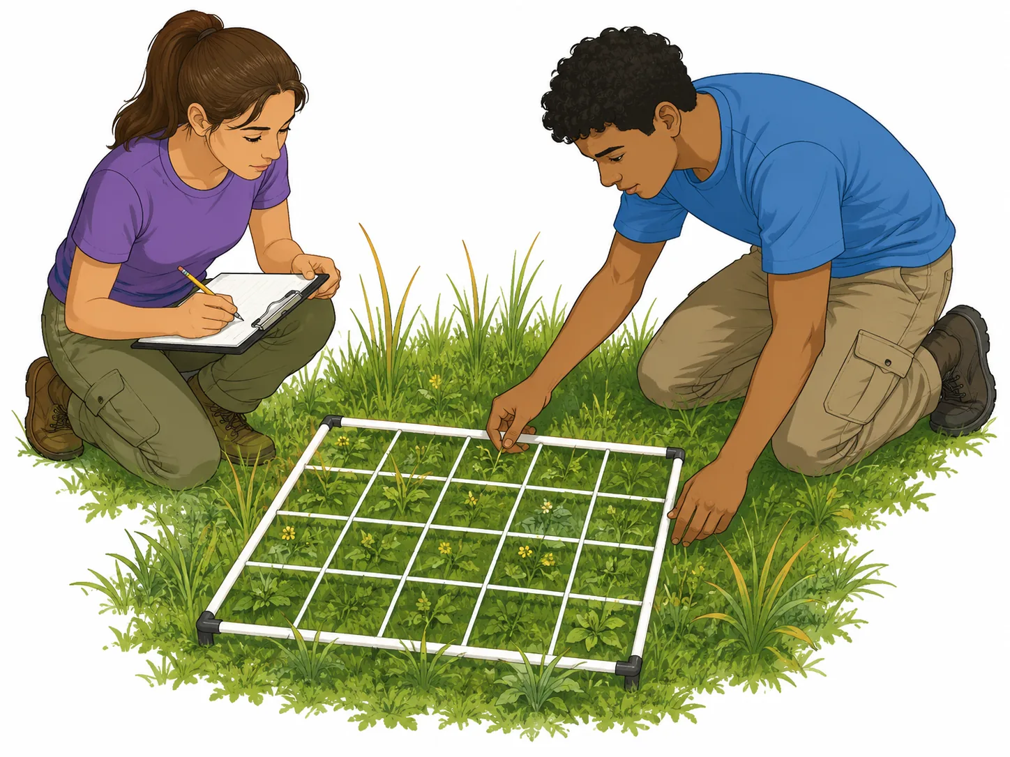 Two students placing a gridded quadrat on grassland and recording