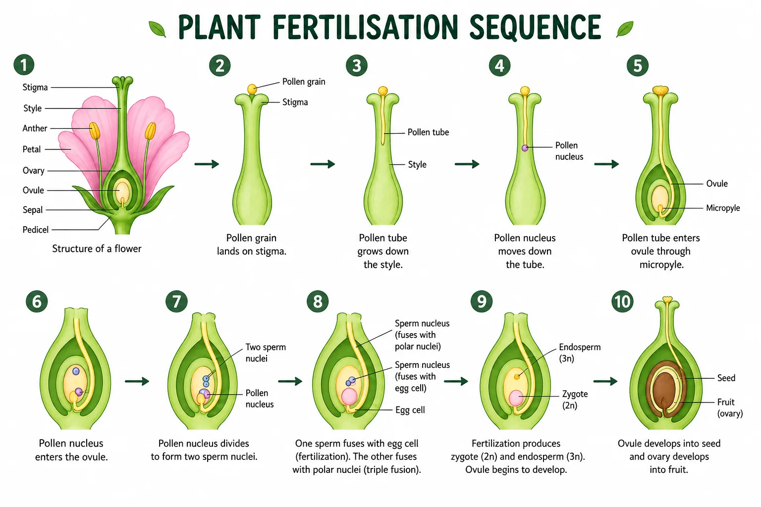 Plant fertilisation sequence (flower to seed)