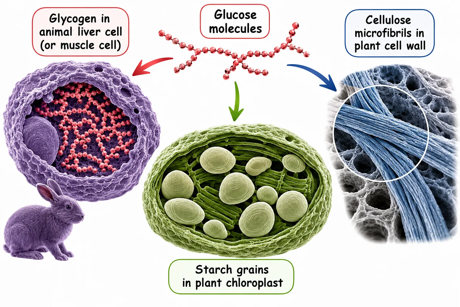 Storage carbohydrates: glycogen, starch, cellulose