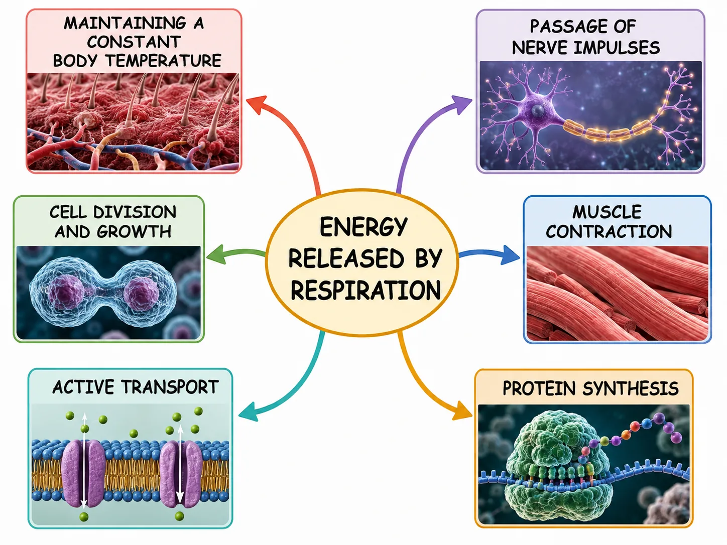 Six uses of energy released by respiration