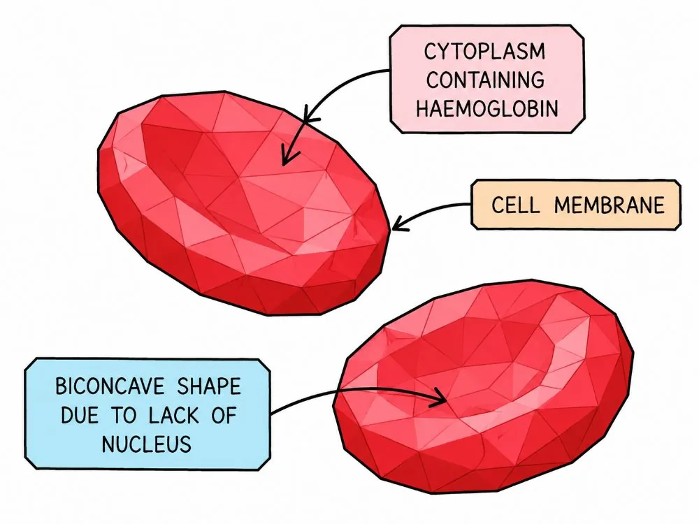 Red blood cell: biconcave, no nucleus