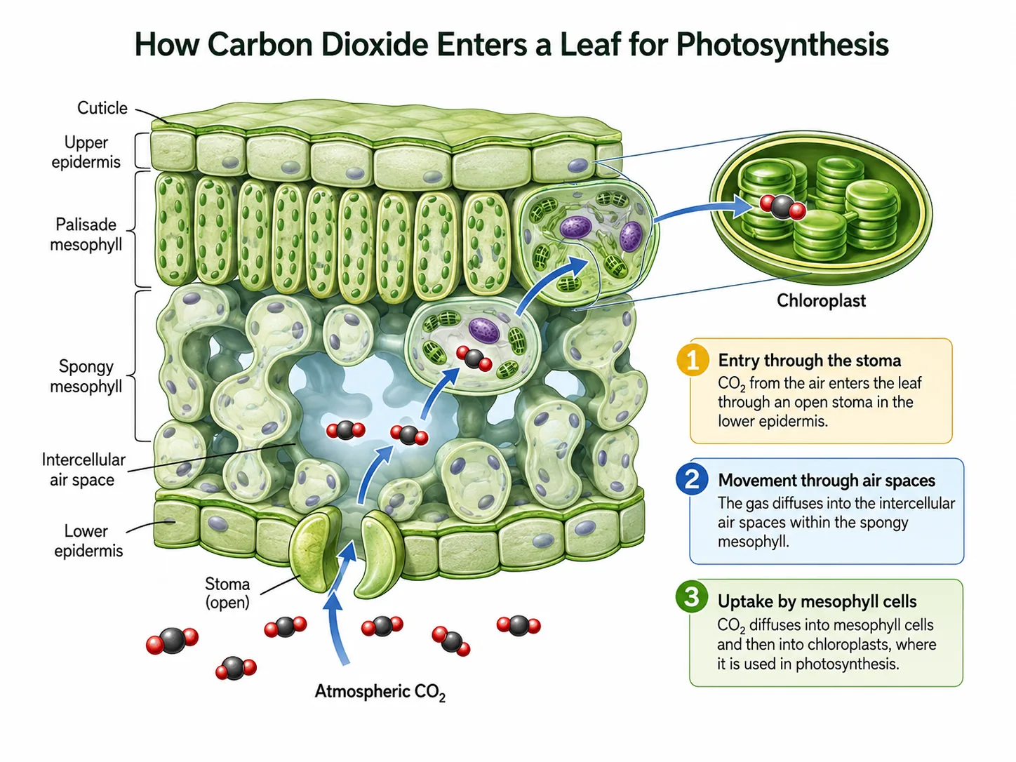 How carbon dioxide enters a leaf for photosynthesis