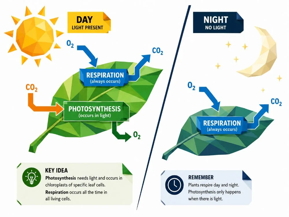 Day and night: photosynthesis and respiration in leaves