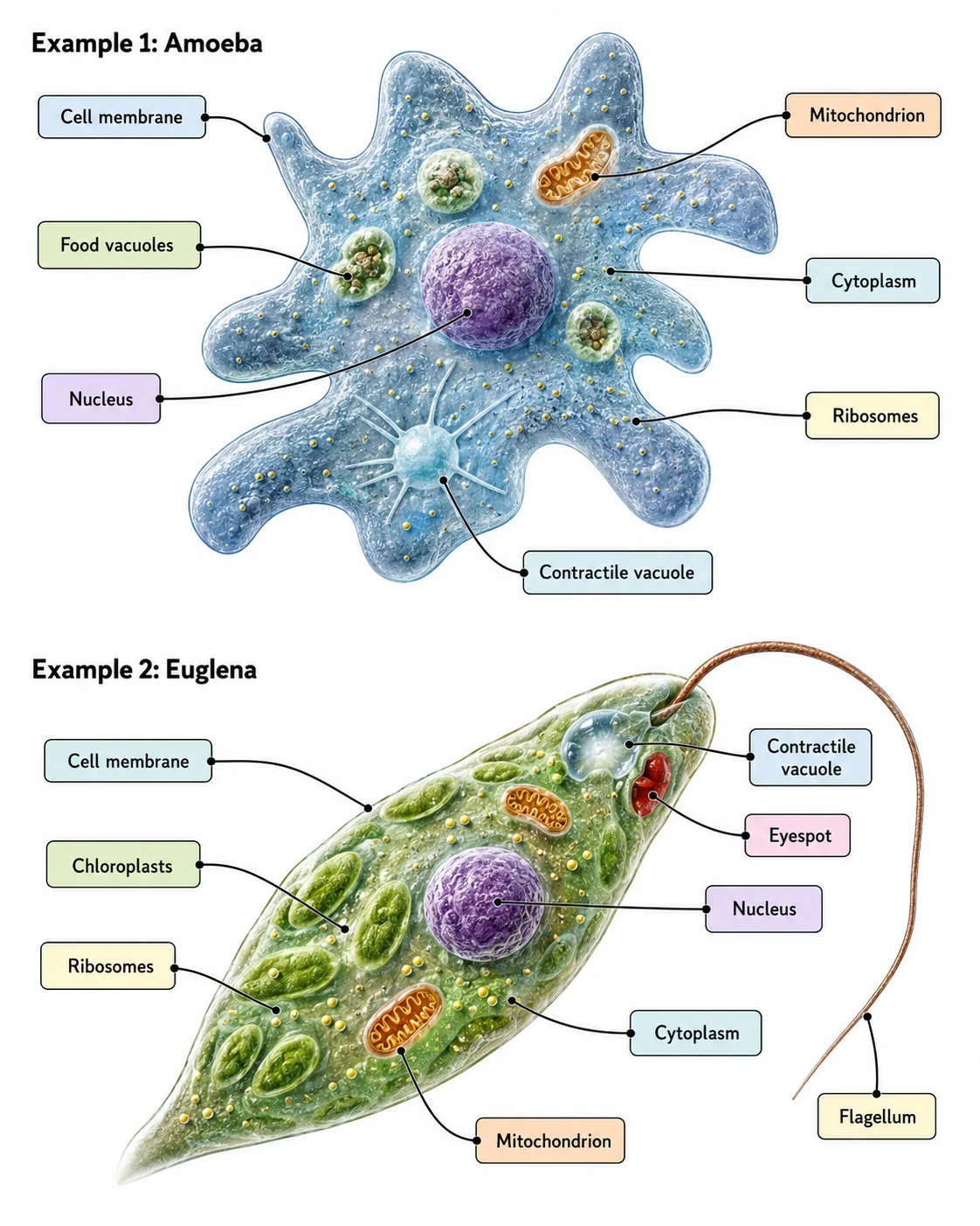Protoctist examples: Amoeba and Euglena