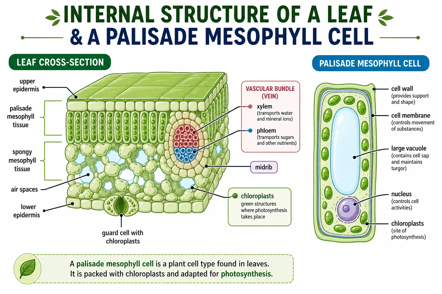 Internal Structure of a Leaf and a Palisade Mesophyll Cell