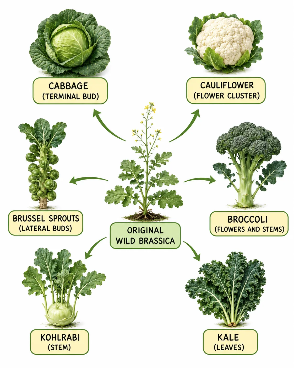 Selective breeding of wild Brassica (cabbage, broccoli, kale...)