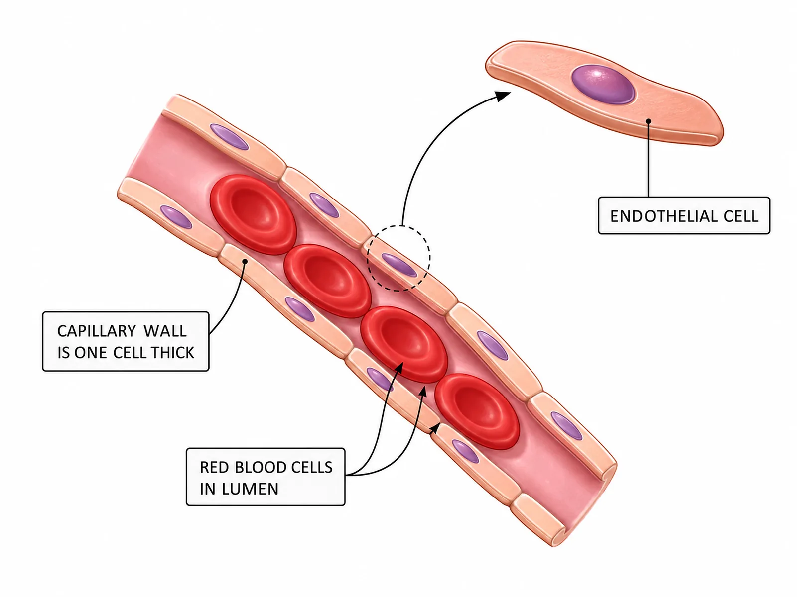Capillary wall one cell thick with endothelial cell