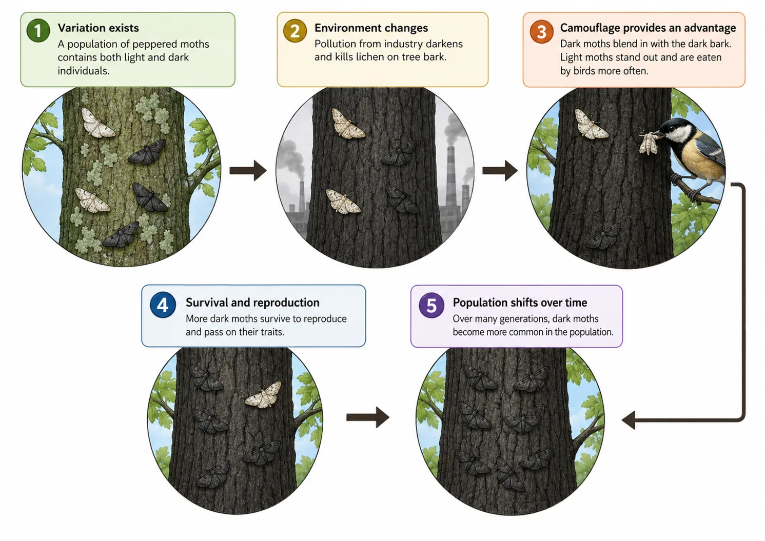 Natural selection in peppered moths (pollution and camouflage)