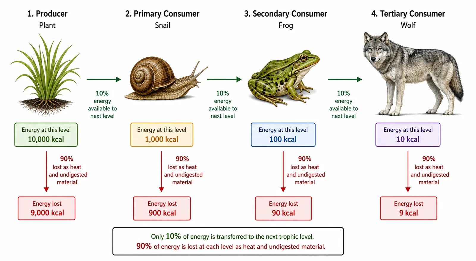 Food Chain Energy Flow — Step-by-Step Mechanism Simulation (10% Rule)