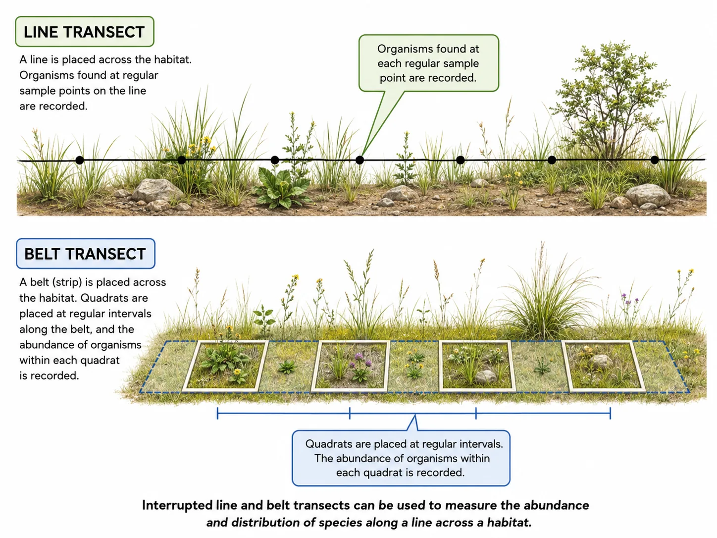 Line transect and belt transect sampling in a habitat
