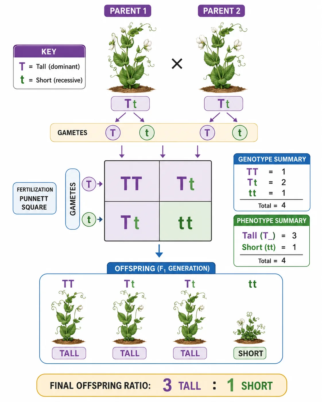 Punnett square and offspring ratio 3 tall : 1 short