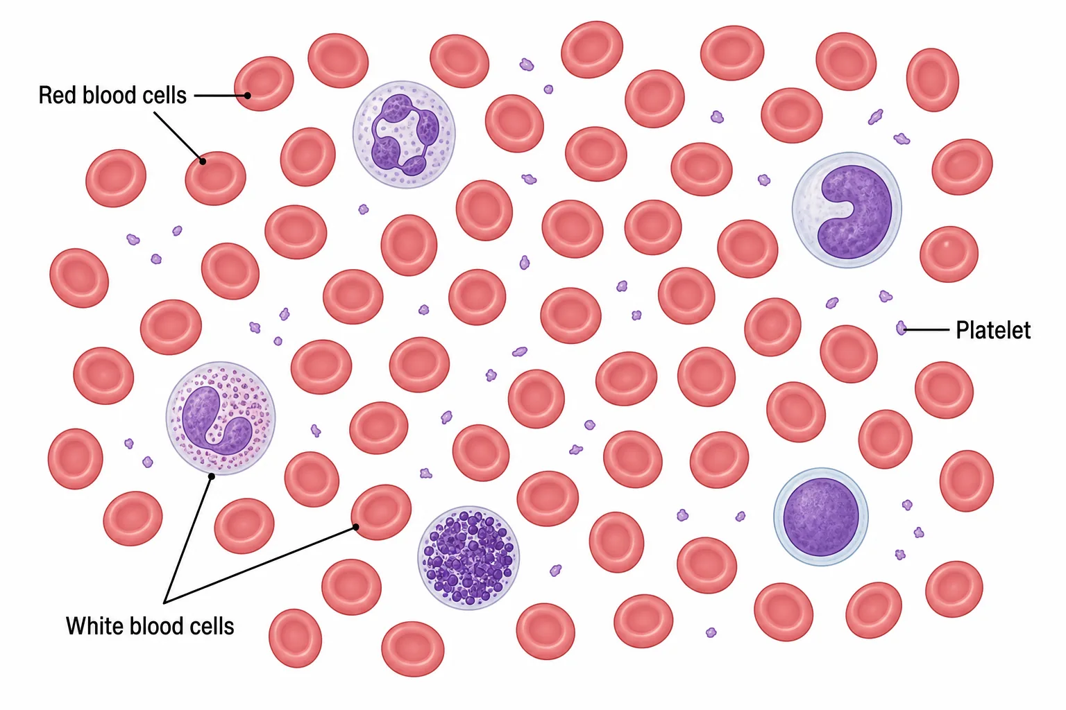 Blood smear: red blood cells, white blood cells, platelet
