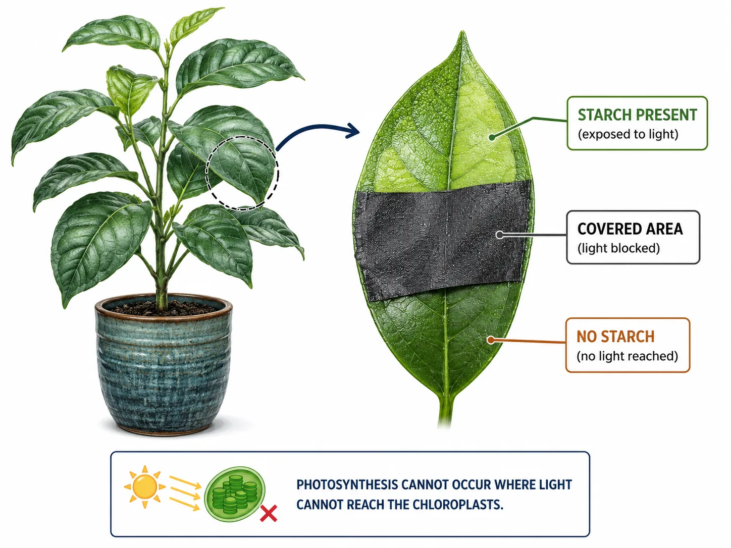 Starch test: leaf with covered area (light blocked)