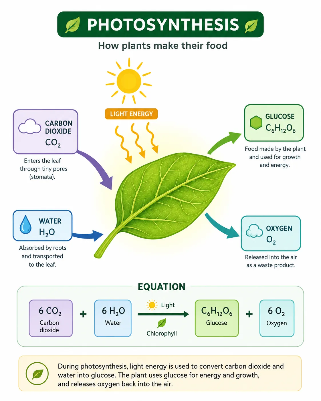 Photosynthesis overview with inputs, outputs and equation