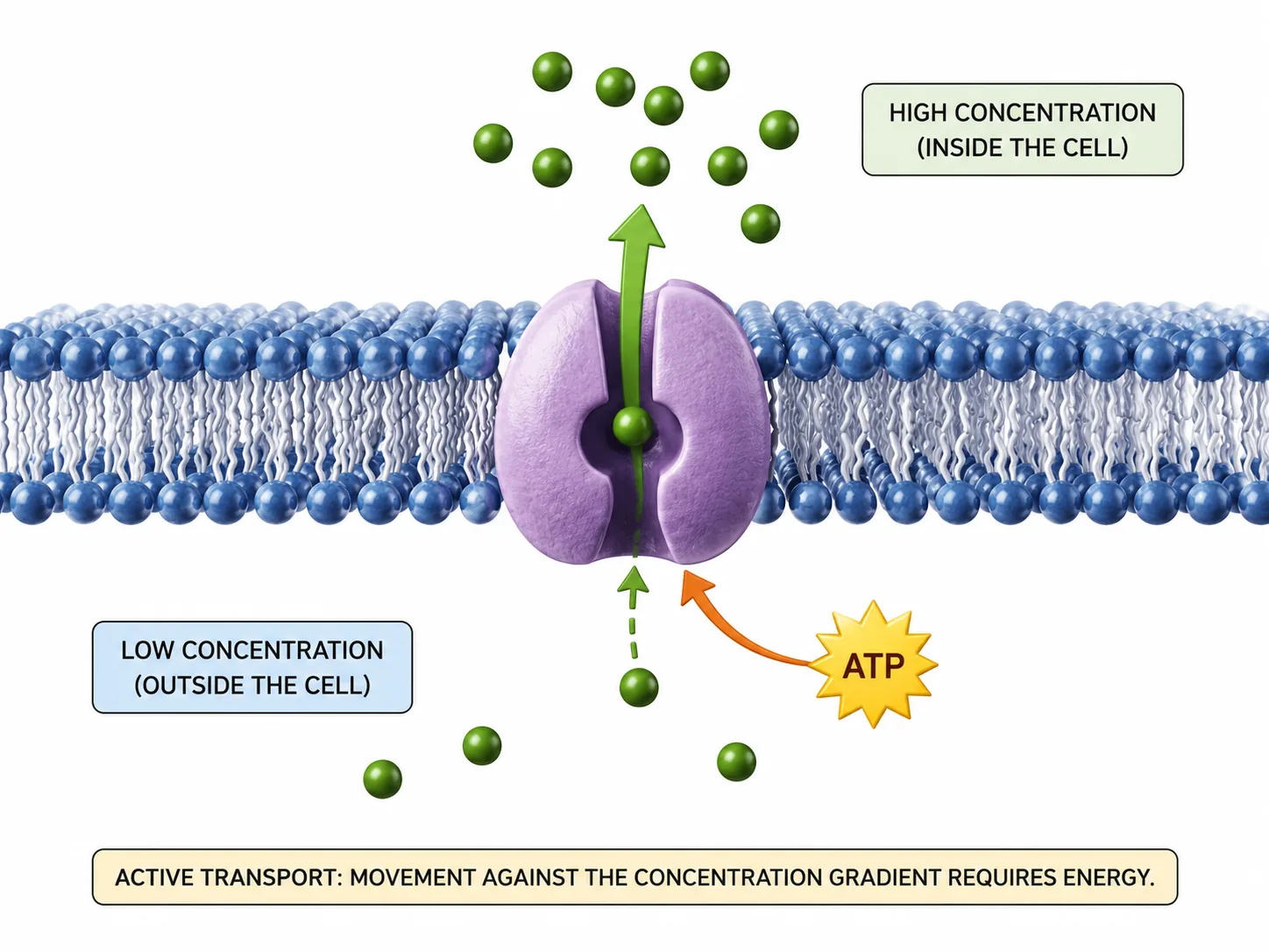 Active transport: movement against concentration gradient (ATP)