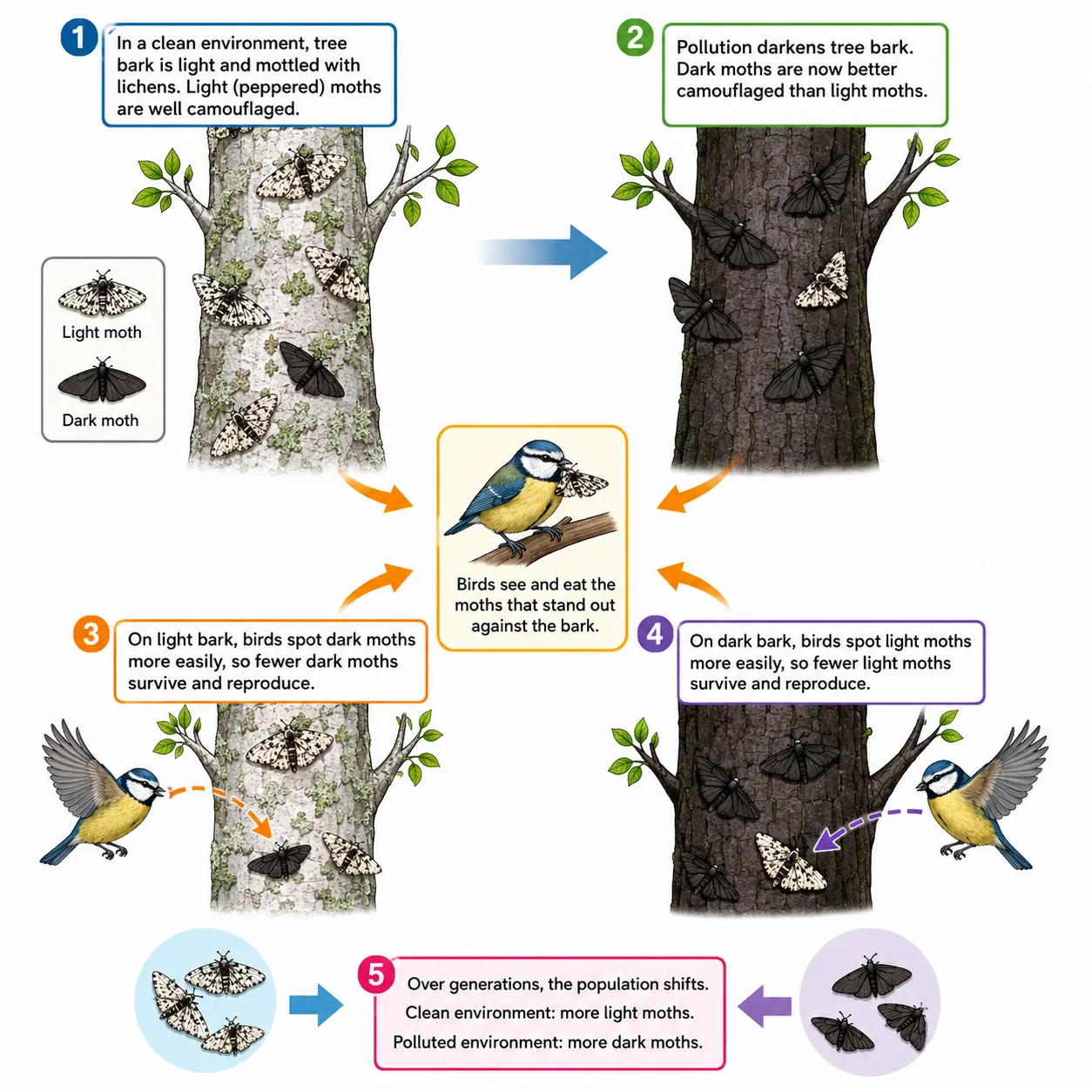 Peppered moth natural selection on light and polluted dark bark