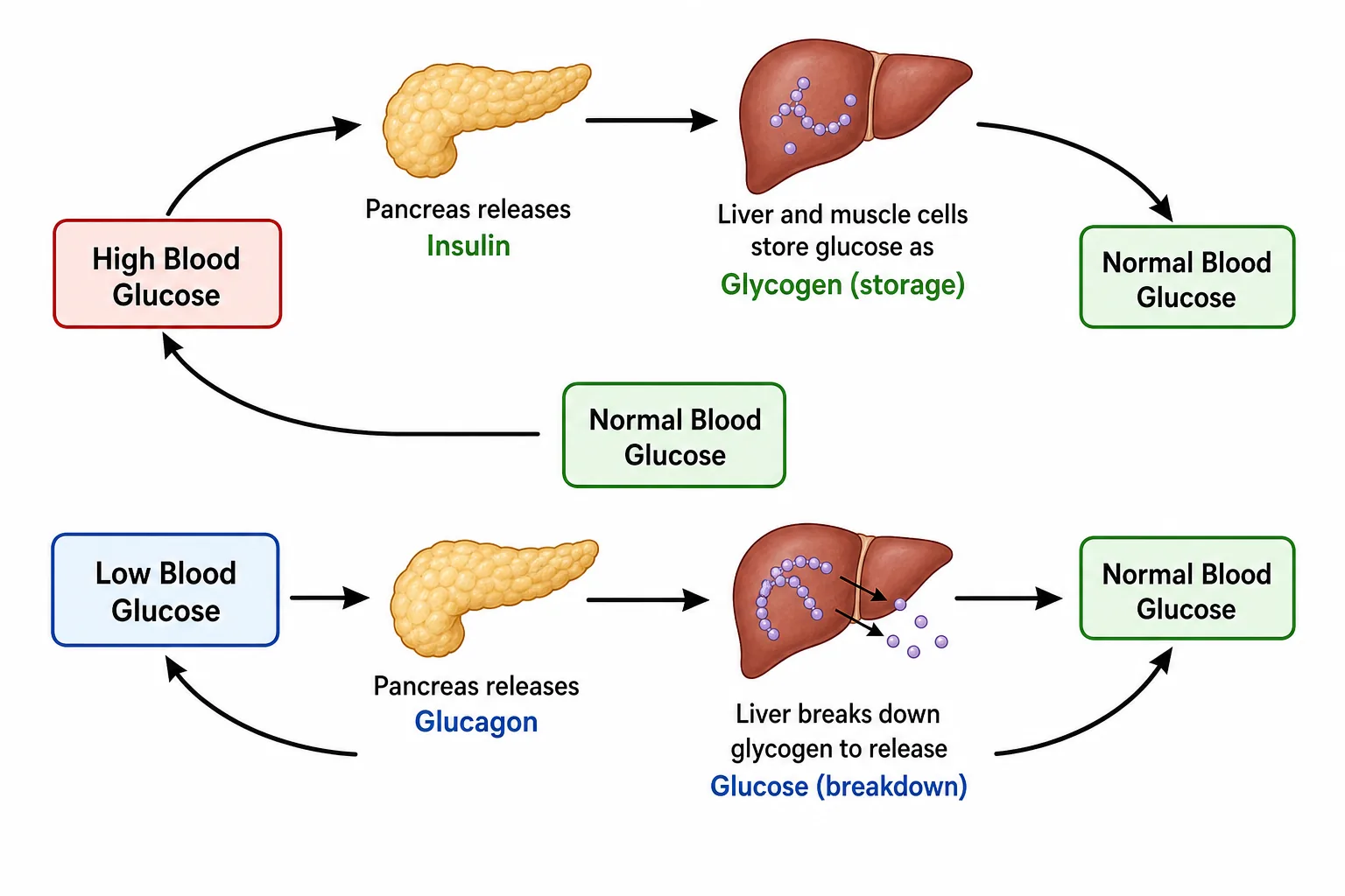 Blood glucose control by insulin and glucagon feedback loops