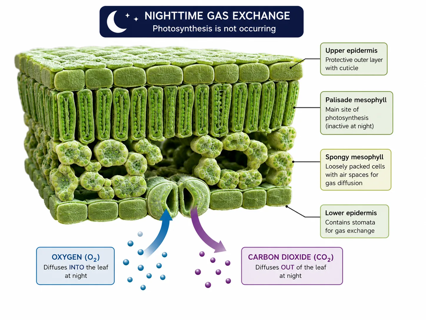 Nighttime gas exchange in a leaf