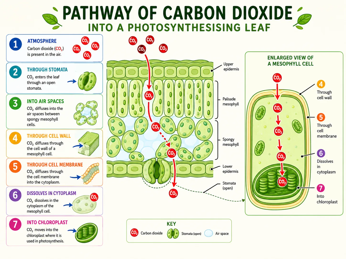 Pathway of carbon dioxide into a photosynthesising leaf