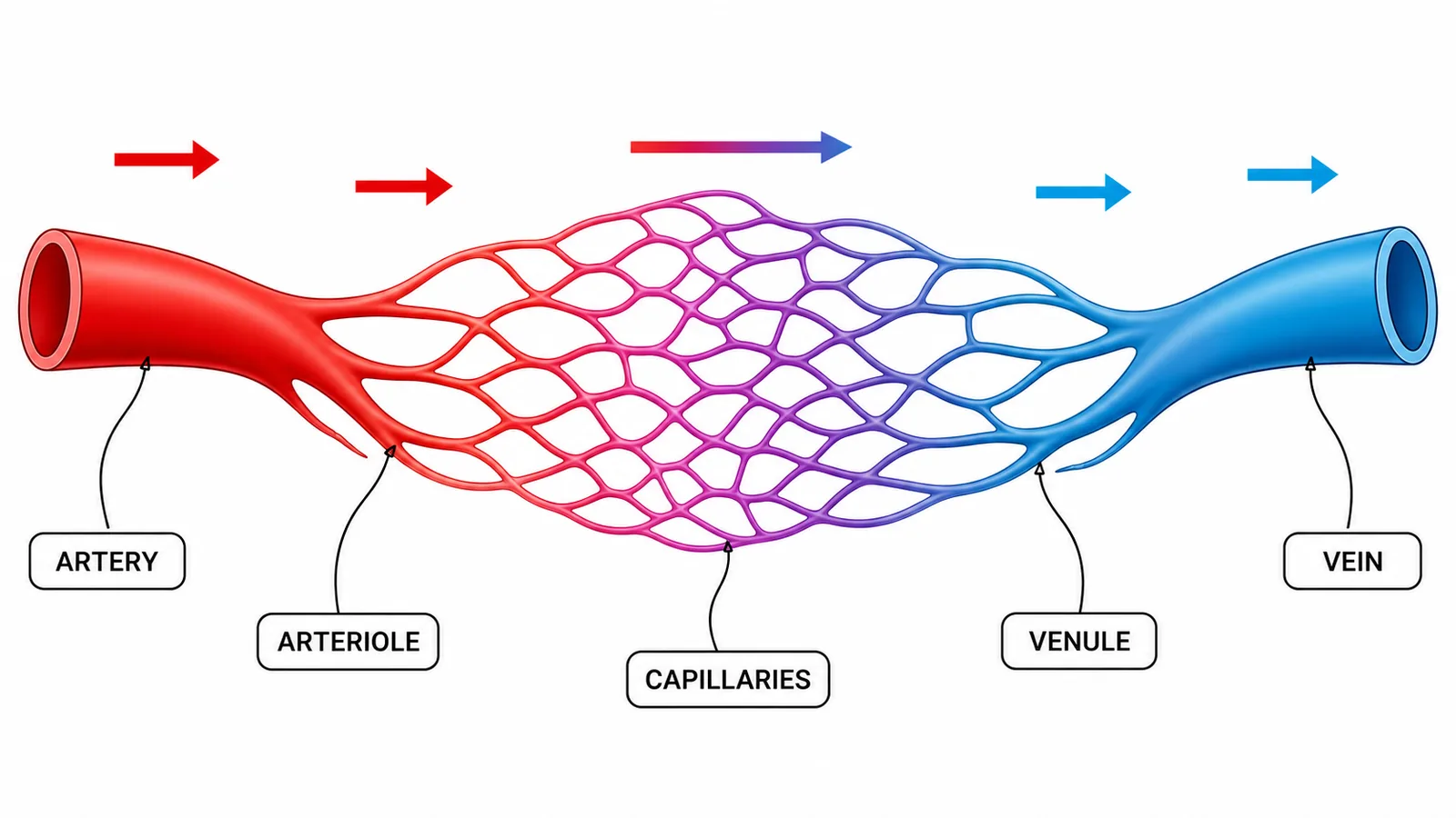 Blood vessel sequence from artery through capillary network to vein