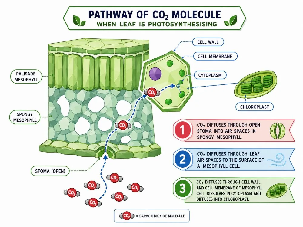 Pathway of CO2 molecule when leaf is photosynthesising