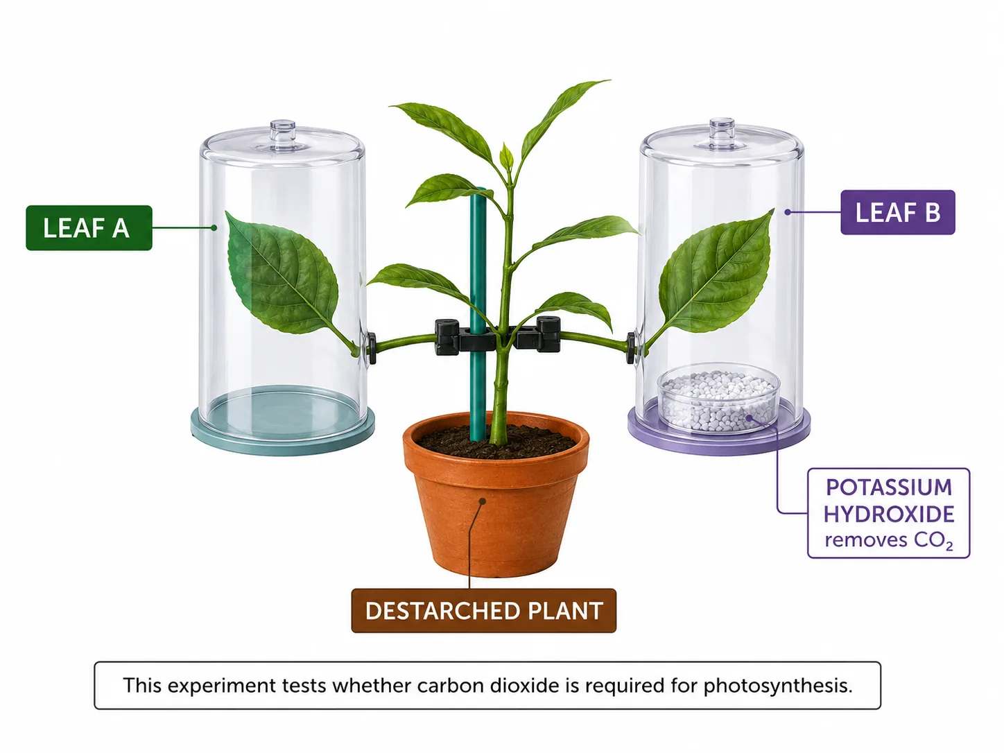Experiment testing carbon dioxide needed for photosynthesis (destarched plant, potassium hydroxide)