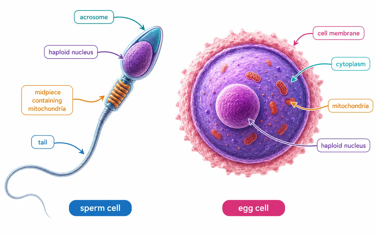 Labelled sperm cell and egg cell compared