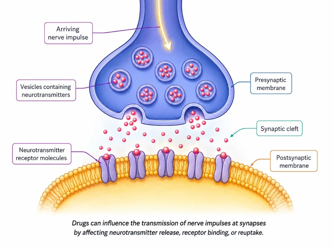 Synapse: vesicles, neurotransmitters, receptor molecules