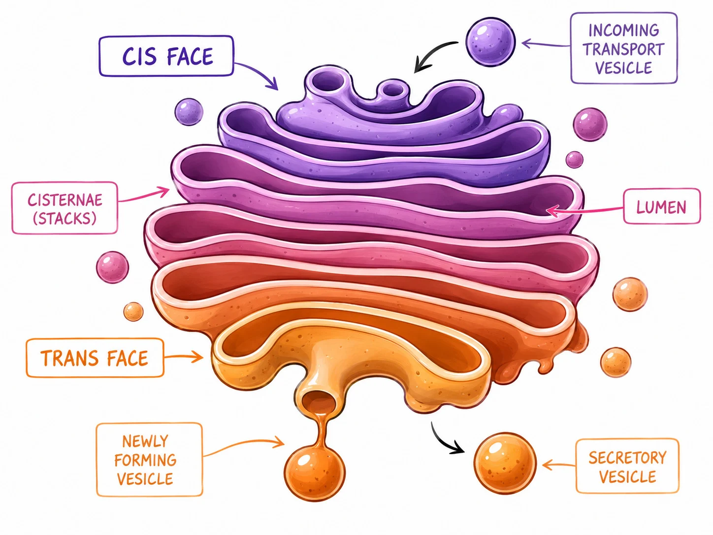 Golgi processing and transport vesicles in protein secretion.