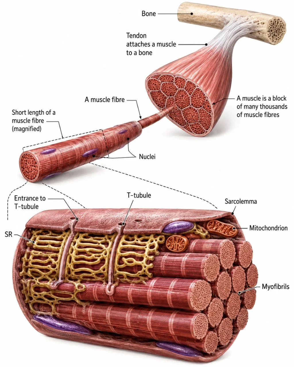 Organisation from skeletal muscle to muscle fibres and myofibrils